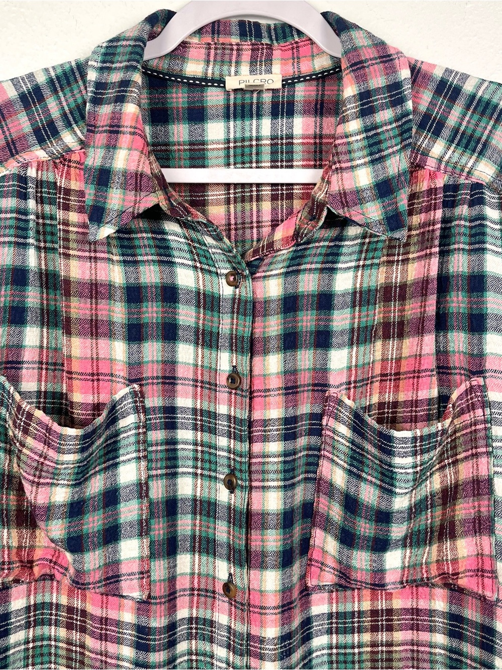 Anthropologie XL Pilcro Hadley Relaxed Pink & Green Plaid Button-Down Shirt Top - Picture 3 of 6